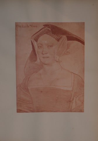 Hans Holbein - Elizabeth, Lady Vaux 1877: This print is from The Windsor Collection of Holbein Portraits of the Court of Henry VIII. Reproduced in Autotype, by Permission of Her Majesty the Queen, From Eighty of the Original Drawings in the R