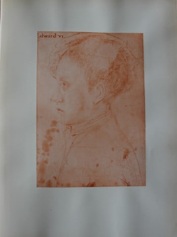 Hans Holbein - Edward VI 1877: This print is from The Windsor Collection of Holbein Portraits of the Court of Henry VIII. Reproduced in Autotype, by Permission of Her Majesty the Queen, From Eighty of the Original Drawings in the R