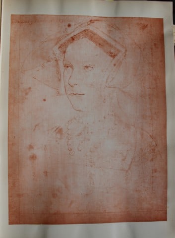 Hans Holbein - Queen Mary, daughter of Henry VIII 1877: This print is from The Windsor Collection of Holbein Portraits of the Court of Henry VIII. Reproduced in Autotype, by Permission of Her Majesty the Queen, From Eighty of the Original Drawings in the R