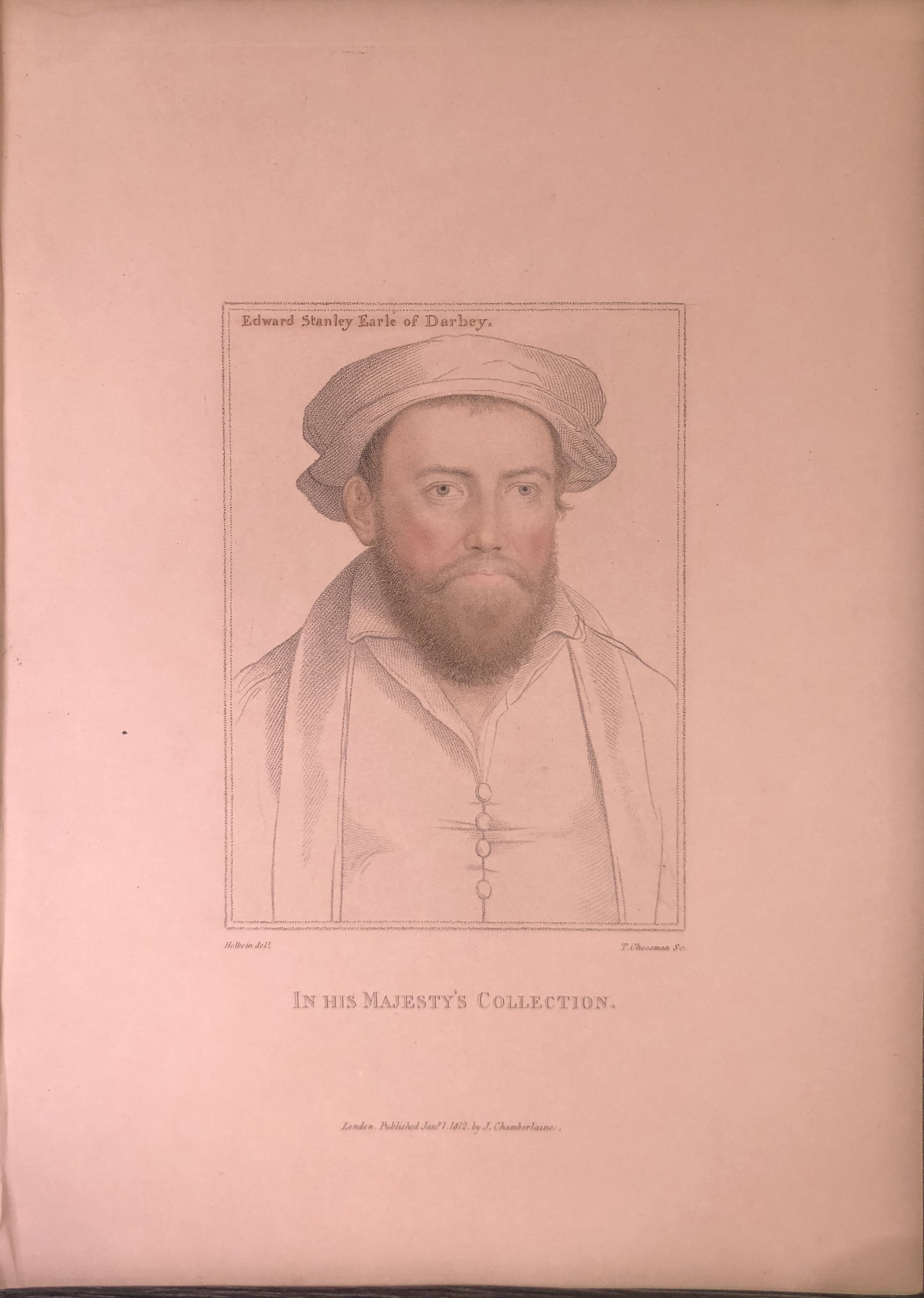 Portrait of Edward Stanley, Earl of Derby by Hans Holbein 1812: This stipple engraving is from Portraits of Illustrious Personages of the Court of Henry VIII: Engraved in Imitation of the Original Drawings of Hans Holbein, in the Collection of His Majesty. With a 