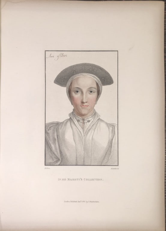 Portrait of Queen Anne of Cleve by Hans Holbein 1812: This stipple engraving is from Portraits of Illustrious Personages of the Court of Henry VIII: Engraved in Imitation of the Original Drawings of Hans Holbein, in the Collection of His Majesty. With a 