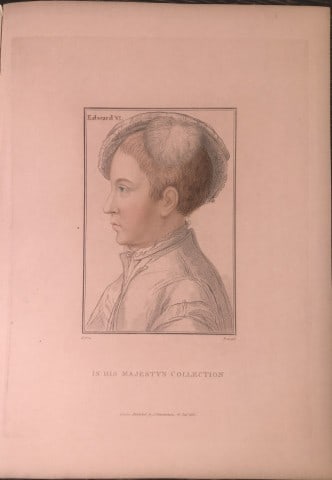 Portrait of Edward VI by Hans Holbein 1812: This stipple engraving is from Portraits of Illustrious Personages of the Court of Henry VIII: Engraved in Imitation of the Original Drawings of Hans Holbein, in the Collection of His Majesty. With a 
