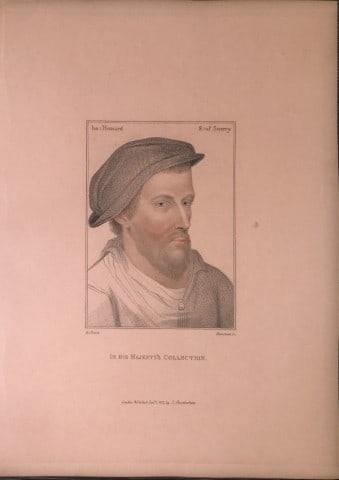 Portrait of Henry Howard Earl of Surrey by Hans Holbein 1812: This stipple engraving is from Portraits of Illustrious Personages of the Court of Henry VIII: Engraved in Imitation of the Original Drawings of Hans Holbein, in the Collection of His Majesty. With a 