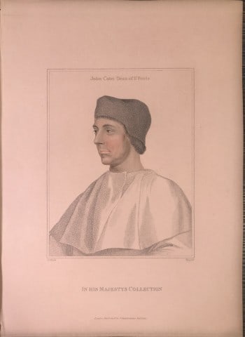 Portrait of John Colet, Dean of St Paul's by Hans Holbein 1812: This stipple engraving is from Portraits of Illustrious Personages of the Court of Henry VIII: Engraved in Imitation of the Original Drawings of Hans Holbein, in the Collection of His Majesty. With a 