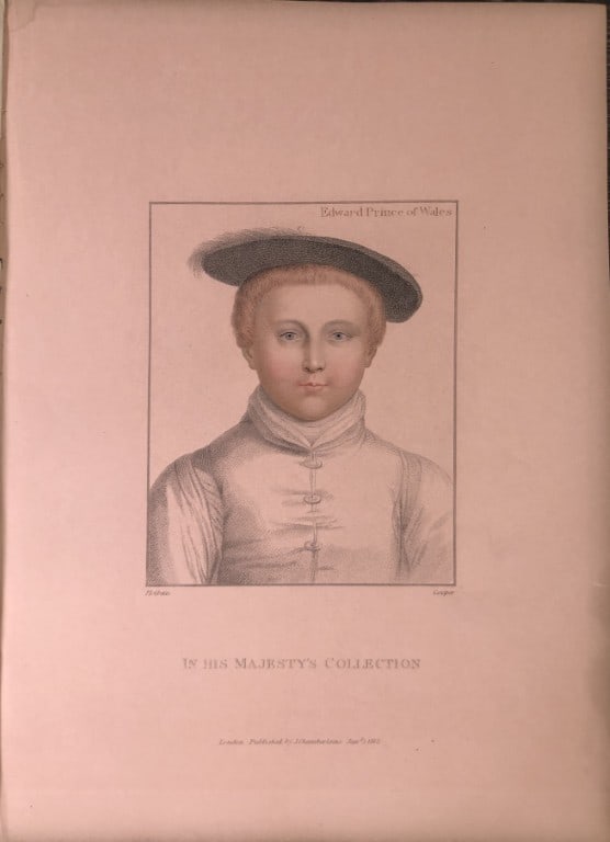 Portrait of Edward, Prince of Wales by Hans Holbein 1812: This stipple engraving is from Portraits of Illustrious Personages of the Court of Henry VIII: Engraved in Imitation of the Original Drawings of Hans Holbein, in the Collection of His Majesty. With a 