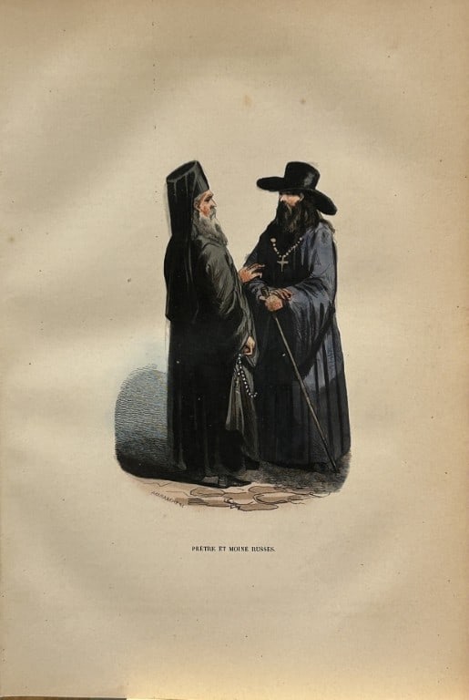 A Wahlen - Woodcut engraving of Russian priest and monk 1843: This hand-coloured woodcut engraving is from the European volume of Moeurs, Usages et costumes de tous les peuples du monde, d'apr?s des documents authentiques et les voyages les plus r?cents by Augus