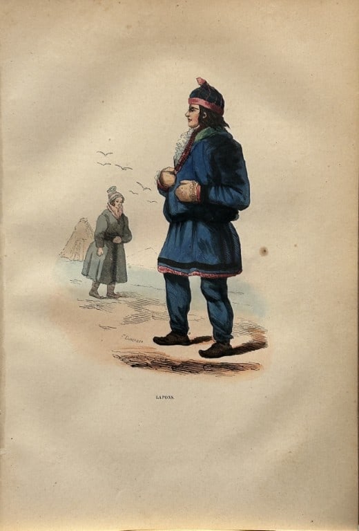 A Wahlen - Woodcut engraving of Sami 1843: This hand-coloured woodcut engraving is from the European volume of Moeurs, Usages et costumes de tous les peuples du monde, d'apr?s des documents authentiques et les voyages les plus r?cents by Augus