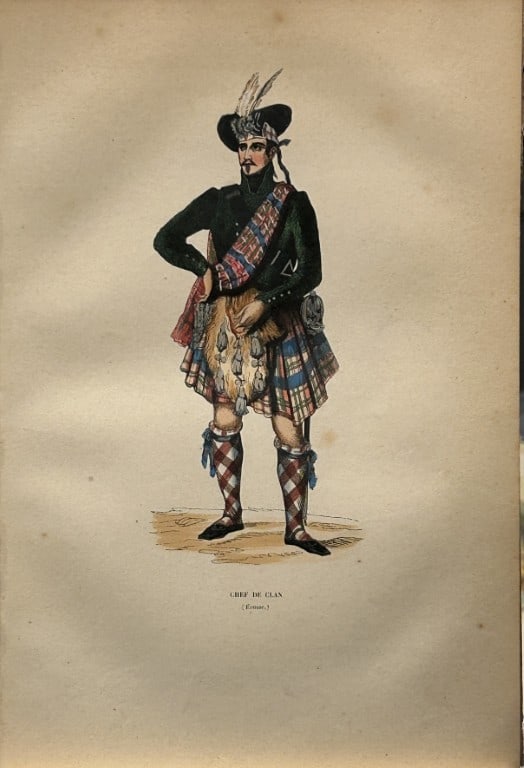 A Wahlen - Woodcut engraving of Clan Chief 1843: This hand-coloured woodcut engraving is from the European volume of Moeurs, Usages et costumes de tous les peuples du monde, d'apr?s des documents authentiques et les voyages les plus r?cents by Augus