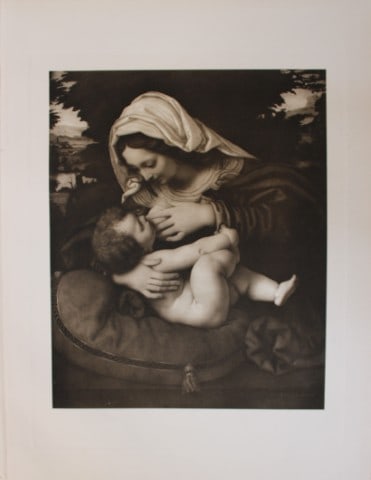 Andrea Solario - Madonna with the Green Cushion 1903: This large photogravure is from Great Masters 1400-1800, the finest works of the most famous painters during this period.Published by Wm. Heinemann, London 1903.Size: 15in x 20in (38cm x 50cm)