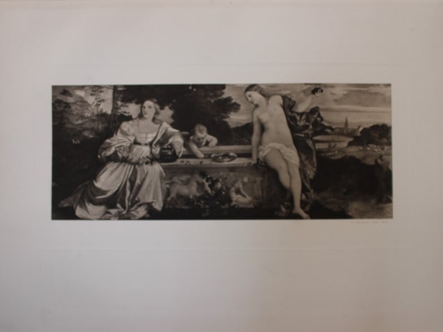 Titian - Sacred and Profane Love 1903: This large photogravure is from Great Masters 1400-1800, the finest works of the most famous painters during this period.Published by Wm. Heinemann, London 1903.Size: 15in x 20in (38cm x 50cm)