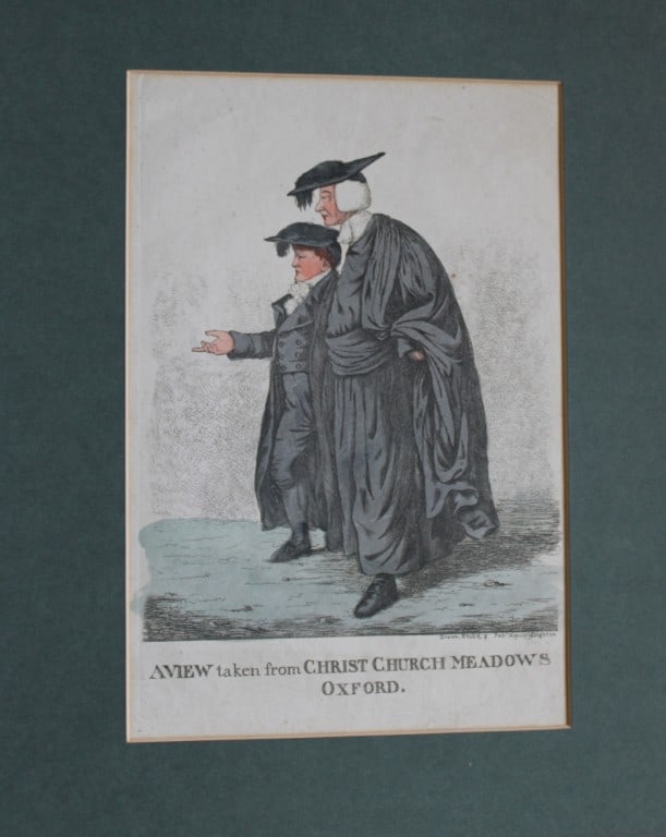 Robert Dighton - Webber and Jackson, Christ Church Meadows Oxford 1807: Hand coloured aquatint caricature of Oxford and Cambridge university fellows by Robert Dighton (1751-1814). Published in London: Robert Dighton, 1807.Lettered with title and inscription of Dighton Fec