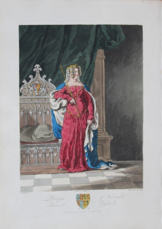 CH Smith - Philippa of Hainault Queen of England 1814: This hand-coloured aquatint is from Selections of the Ancient Costume of Great Britain and Ireland From the Seventh to the Sixteenth Century by Charles Hamilton Smith. Published in London by William B