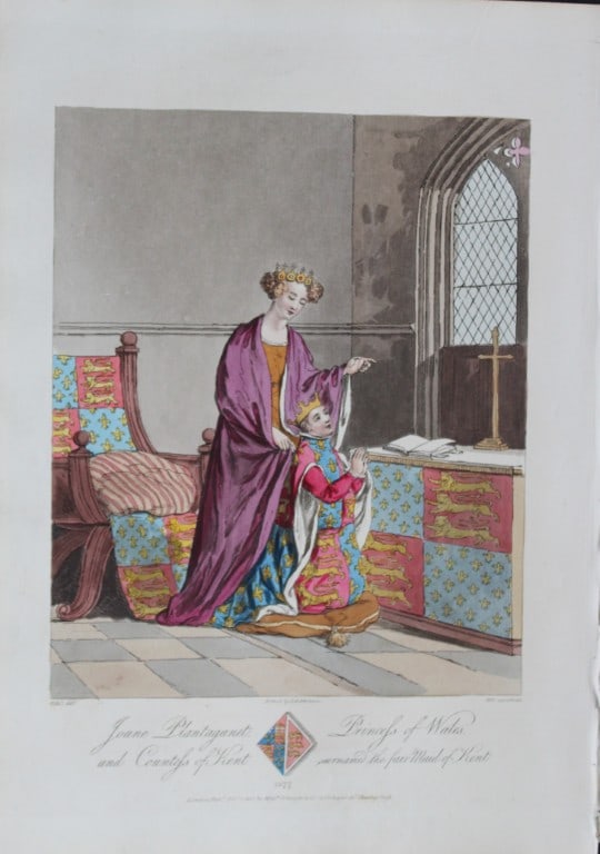 CH Smith - Joan Plantagenet and King Richard II 1814: This hand-coloured aquatint is from Selections of the Ancient Costume of Great Britain and Ireland From the Seventh to the Sixteenth Century by Charles Hamilton Smith. Published in London by William B