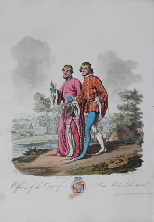 CH Smith - Courtiers of King Richard II 1814: This hand-coloured aquatint is from Selections of the Ancient Costume of Great Britain and Ireland From the Seventh to the Sixteenth Century by Charles Hamilton Smith. Published in London by William B