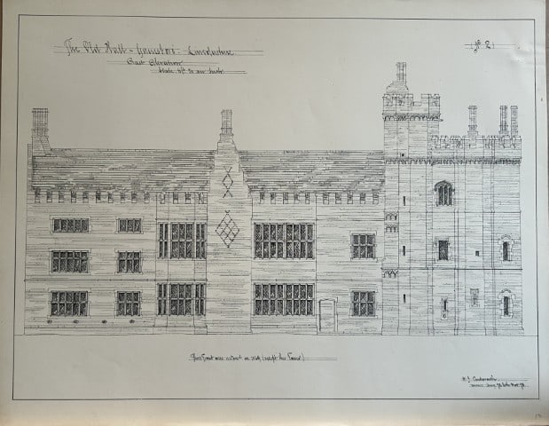 Architectural Drawing - Old Hall, Gainsboro, Lincs 1872: This rare engraving is from drawings by members of the Architectural Association, London dated c1875.The Architectural Association was founded in 1847 as an alternative to the practice of training you