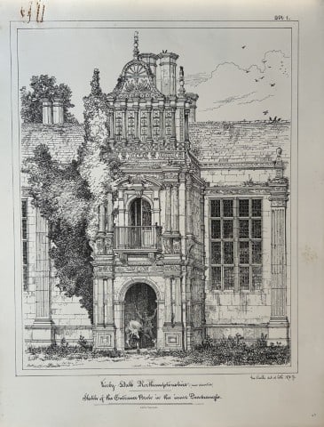 Architectural Drawing - Kirby Hall, Northamptonshire 1870: This rare engraving is from drawings by members of the Architectural Association, London dated c1875.The Architectural Association was founded in 1847 as an alternative to the practice of training you