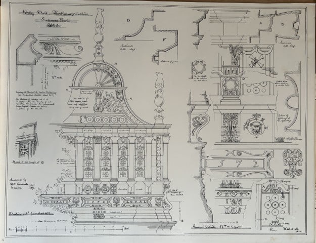 Architectural Drawing - Kirby Hall, Northamptonshire 1870: This rare engraving is from drawings by members of the Architectural Association, London dated c1875.The Architectural Association was founded in 1847 as an alternative to the practice of training you