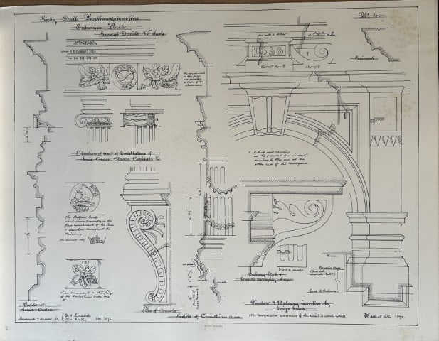 Architectural Drawing - Kirby Hall, Northamptonshire 1870: This rare engraving is from drawings by members of the Architectural Association, London dated c1875.The Architectural Association was founded in 1847 as an alternative to the practice of training you