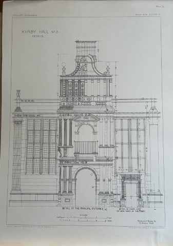 Architectural Drawing - Kirby Hall, Northamptonshire 1870: This rare engraving is from drawings by members of the Architectural Association, London dated c1875.The Architectural Association was founded in 1847 as an alternative to the practice of training you