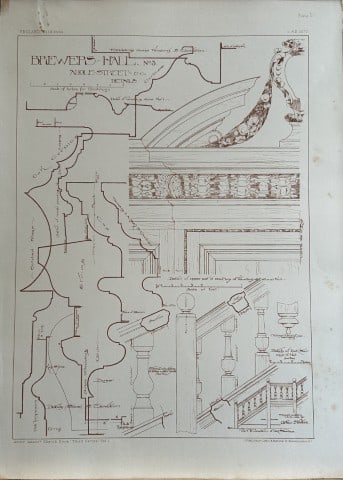 Architectural Drawing - Brewers Hall, London 1870: This rare engraving is from drawings by members of the Architectural Association, London dated c1875.The Architectural Association was founded in 1847 as an alternative to the practice of training you