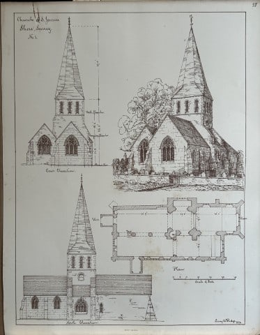 Architectural Drawing - St James Church, Shere, Surrey 1870: This rare engraving is from drawings by members of the Architectural Association, London dated c1875.The Architectural Association was founded in 1847 as an alternative to the practice of training you