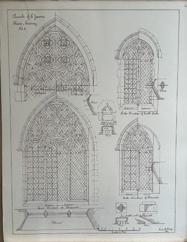 Architectural Drawing - St James Church, Shere, Surrey 1870: This rare engraving is from drawings by members of the Architectural Association, London dated c1875.The Architectural Association was founded in 1847 as an alternative to the practice of training you