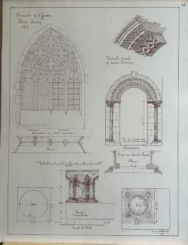 Architectural Drawing - St James Church, Shere, Surrey 1870: This rare engraving is from drawings by members of the Architectural Association, London dated c1875.The Architectural Association was founded in 1847 as an alternative to the practice of training you
