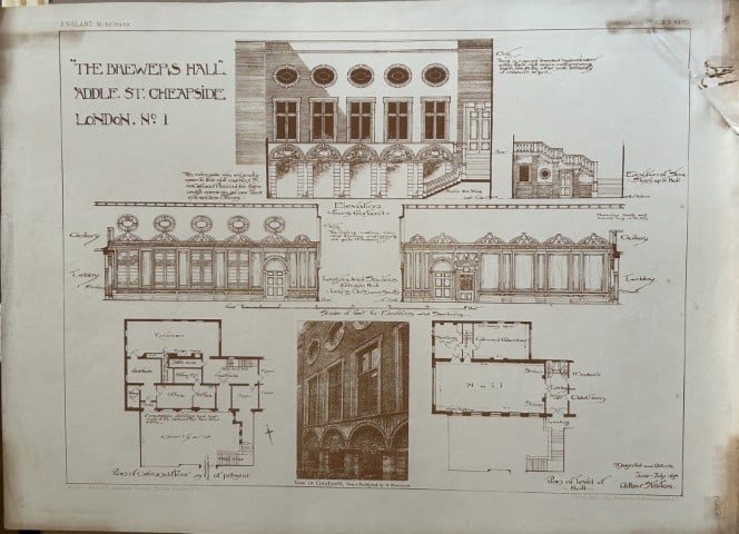 Architectural Drawing - Brewers Hall, London 1870: This rare engraving is from drawings by members of the Architectural Association, London dated c1875.The Architectural Association was founded in 1847 as an alternative to the practice of training you