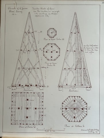 Architectural Drawing - St James Church, Shere, Surrey 1870: This rare engraving is from drawings by members of the Architectural Association, London dated c1875.The Architectural Association was founded in 1847 as an alternative to the practice of training you