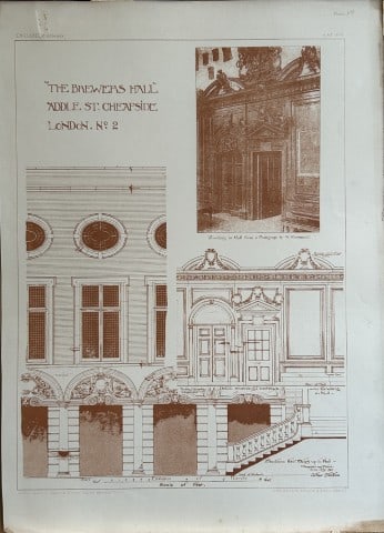 Architectural Drawing - Brewers Hall, London 1870: This rare engraving is from drawings by members of the Architectural Association, London dated c1875.The Architectural Association was founded in 1847 as an alternative to the practice of training you