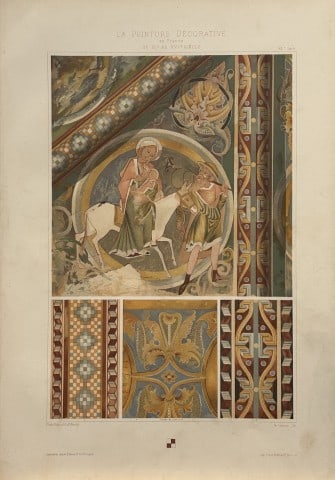 Gelis-Didot and Laffillee - Original decorative lithograph 1875: This lithograph, on a vellum type paper is from La Peinture Decorative en France du XIe au XVIe siecle.? (The decorative painting in France from the 11th to the 16th century). This attractive antique 