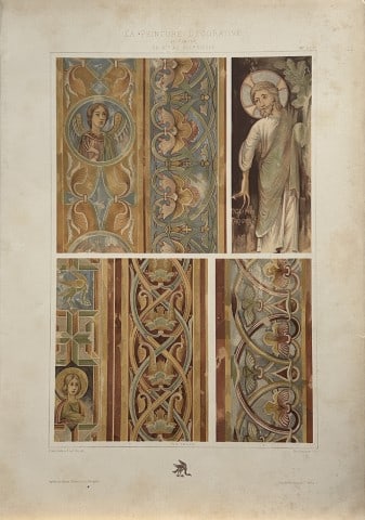 Gelis-Didot and Laffillee - Original decorative lithograph 1875: This lithograph, on a vellum type paper is from La Peinture Decorative en France du XIe au XVIe siecle.? (The decorative painting in France from the 11th to the 16th century). This attractive antique 