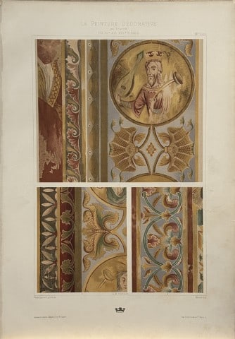 Gelis-Didot and Laffillee - Original decorative lithograph 1875: This lithograph, on a vellum type paper is from La Peinture Decorative en France du XIe au XVIe siecle.? (The decorative painting in France from the 11th to the 16th century). This attractive antique 