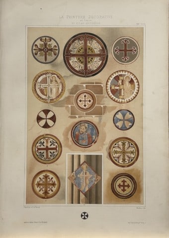 Gelis-Didot and Laffillee - Original decorative lithograph 1875: This lithograph, on a vellum type paper is from La Peinture Decorative en France du XIe au XVIe siecle.? (The decorative painting in France from the 11th to the 16th century). This attractive antique 