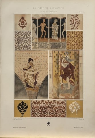 Gelis-Didot and Laffillee - Original decorative lithograph 1875: This lithograph, on a vellum type paper is from La Peinture Decorative en France du XIe au XVIe siecle.? (The decorative painting in France from the 11th to the 16th century). This attractive antique 