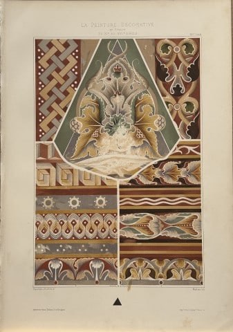Gelis-Didot and Laffillee - Original decorative lithograph 1875: This lithograph, on a vellum type paper is from La Peinture Decorative en France du XIe au XVIe siecle.? (The decorative painting in France from the 11th to the 16th century). This attractive antique 