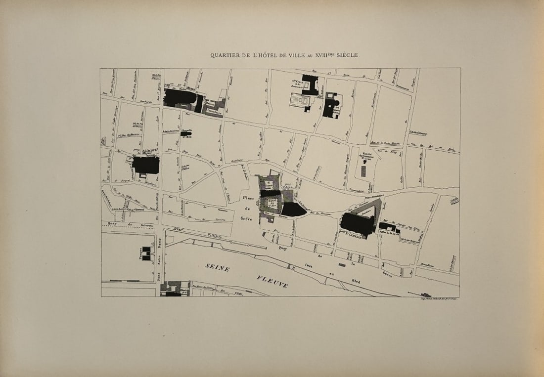 Fedor Hoffbauer - Map of Town Hall Quarter, Paris 1875: This stunning lithograph is from Paris ? travers les ?ges. Aspects successifs des monuments et quartiers historiques de Paris depuis le XIIIe si?cle jusqu?? nos jours. (Paris through the ages. Success