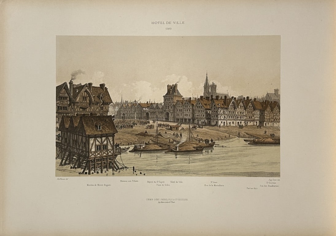Fedor Hoffbauer - Town Hall, Paris in 16th century, 1875: This stunning lithograph is from Paris ? travers les ?ges. Aspects successifs des monuments et quartiers historiques de Paris depuis le XIIIe si?cle jusqu?? nos jours. (Paris through the ages. Success