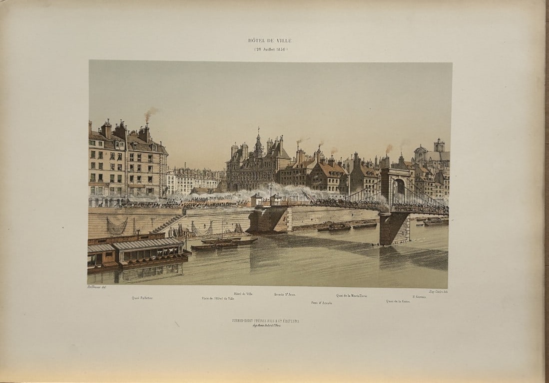 Fedor Hoffbauer - Town Hall, Paris in 19th century, 1875: This stunning lithograph is from Paris ? travers les ?ges. Aspects successifs des monuments et quartiers historiques de Paris depuis le XIIIe si?cle jusqu?? nos jours. (Paris through the ages. Success