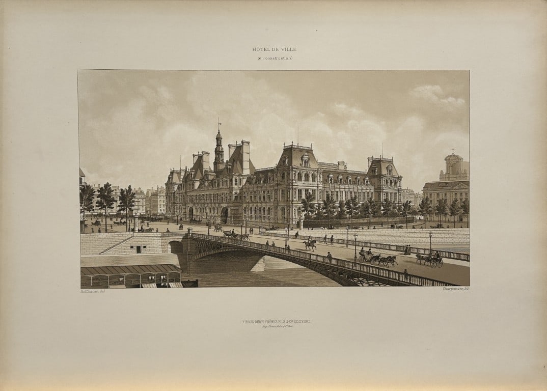 Fedor Hoffbauer - Hotel de Ville, Paris (en construction) 1875: This stunning lithograph is from Paris ? travers les ?ges. Aspects successifs des monuments et quartiers historiques de Paris depuis le XIIIe si?cle jusqu?? nos jours. (Paris through the ages. Success