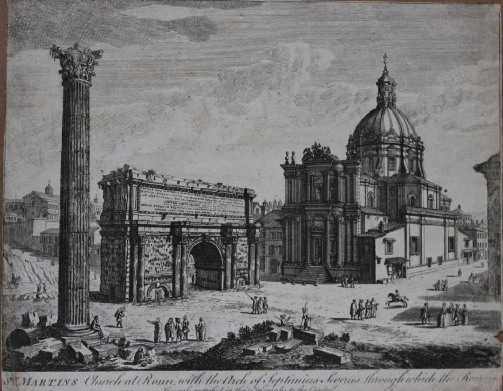 Thomas Bowles - St Martins Church at Rome c1750: Original 18th Century Etching of St Martins Church at Rome with the Arch of Septimius Severus through which the Roman Generals marched in their Triumphs to the Capital.c1750 Unsigned but after a drawi