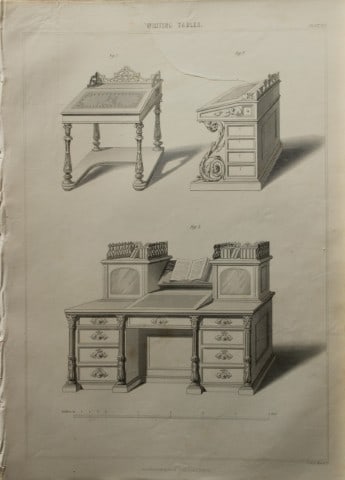 P Thomson - Writing Tables engraved by JH Le Keux 1853: This scarce engraving is from The Cabinet Maker's Assistant - A series of original designs for modern furniture.Publisher: Blackie And Son 1853Size: 10.5in x 14.5in