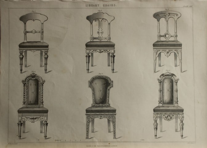 P Thomson - Library Chairs engraved by JH Le Keux 1853: This scarce engraving is from The Cabinet Maker's Assistant - A series of original designs for modern furniture.Publisher: Blackie And Son 1853Size: 10.5in x 14.5in