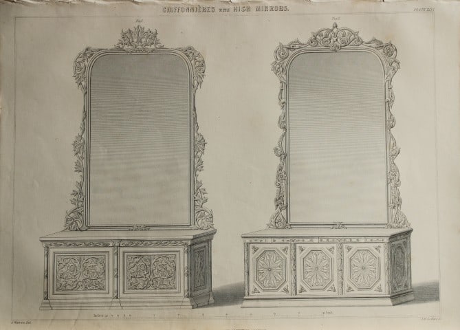 P Thomson - Chiffonieres with High Mirrors engraved by JH Le Keux 1853: This scarce engraving is from The Cabinet Maker's Assistant - A series of original designs for modern furniture.Publisher: Blackie And Son 1853Size: 10.5in x 14.5in
