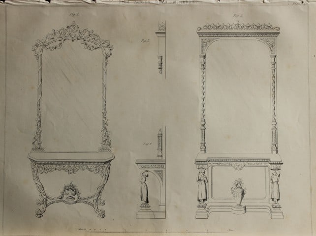 P Thomson - Pier Tables with Mirrors engraved by JH Le Keux 1853: This scarce engraving is from The Cabinet Maker's Assistant - A series of original designs for modern furniture.Publisher: Blackie And Son 1853Size: 10.5in x 14.5in