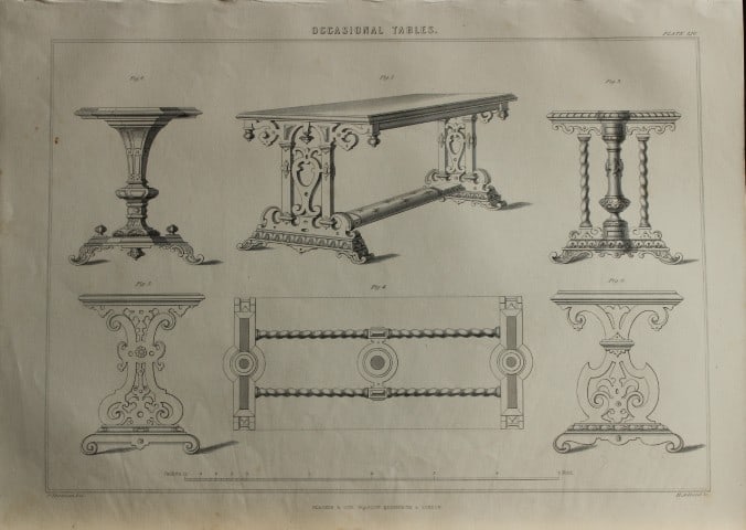 P Thomson - Occasional Tables engraved by JH Le Keux 1853: This scarce engraving is from The Cabinet Maker's Assistant - A series of original designs for modern furniture.Publisher: Blackie And Son 1853Size: 10.5in x 14.5in