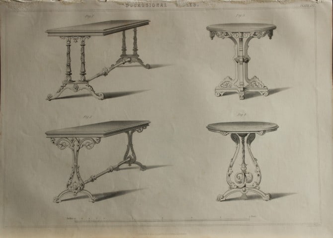 P Thomson - Occasional Tables engraved by JH Le Keux 1853: This scarce engraving is from The Cabinet Maker's Assistant - A series of original designs for modern furniture.Publisher: Blackie And Son 1853Size: 10.5in x 14.5in