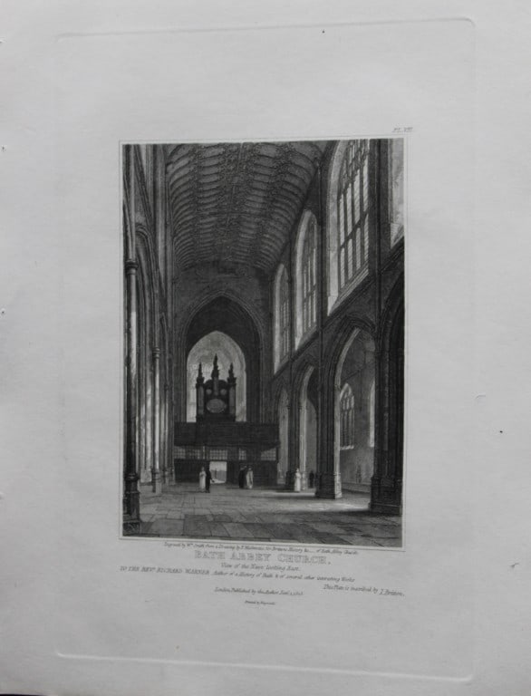F Mackenzie - The Abbey Church, Bath engraved by W Smith 1825: Original engraving of the Nave in Bath Abbey Church by W Smith after F Mackenzie. Published by John Britton, London 1825.Size: approx 11in x 8in (27cm x 20cm)