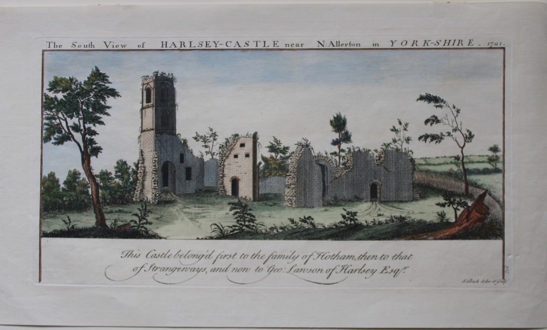 S & N Buck - South View of Harlsey Castle, Yorkshire 1721: The South View of Harlsey Castle near Northallerton in Yorkshire by Samuel Buck, London, 1721.Hand-coloured line engraving by Samuel and Nathaniel Buck. Printed in London by Newbery and Carnan from A 