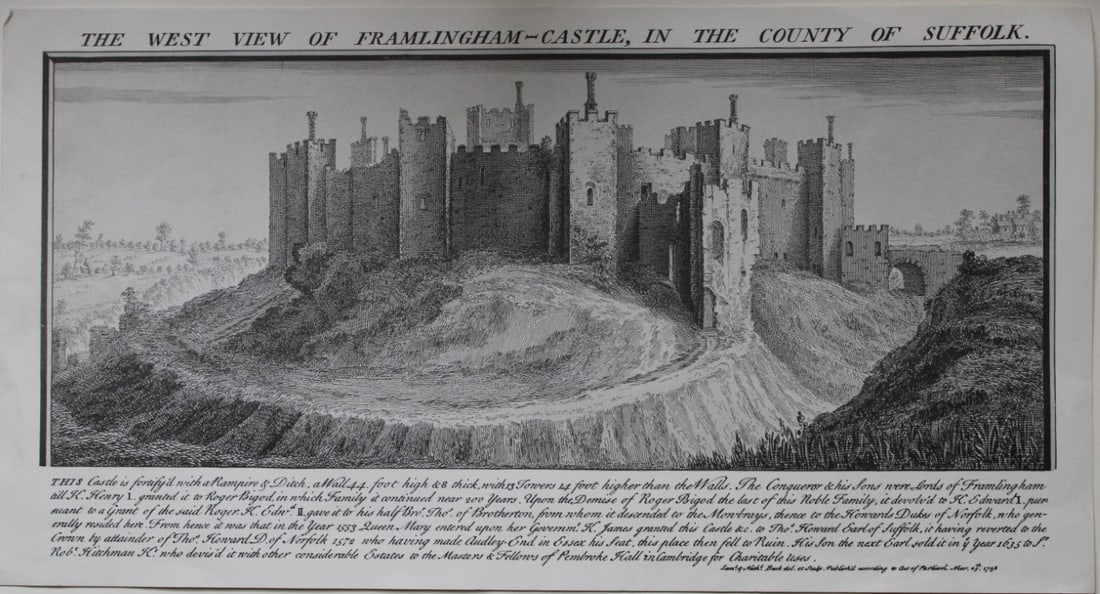 S & N Buck - West View of Framlingham Castle, Suffolk 1738: Copper plate engraving of The West View of Framlingham Castle, in the County of Suffolk by Samuel & Nathanial Buck published 1738.Size: 7.5in x 14in (19cm x 36cm)